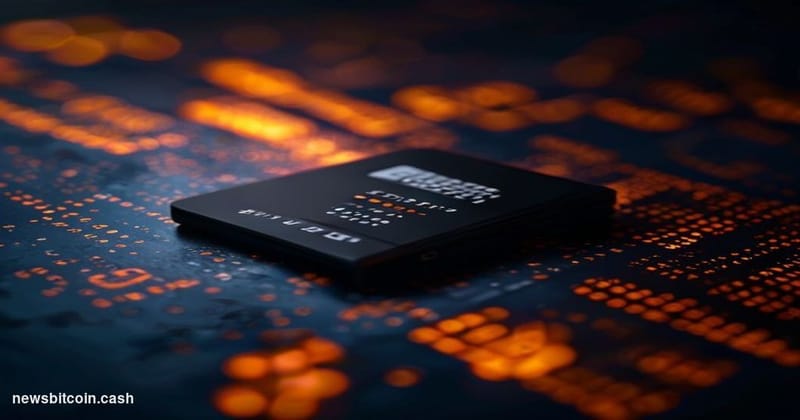 Cinematic photorealistic editorial photograph of a Coldcard hardware wallet device — matte black, compact, with its character