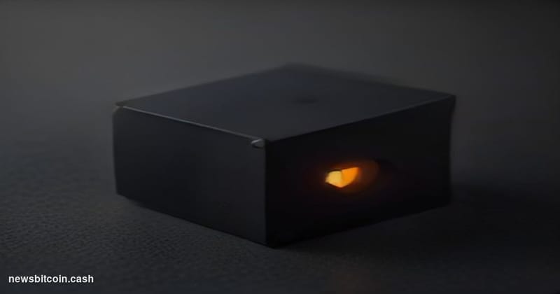 Cinematic photorealistic editorial photograph of a Coldcard hardware wallet device — the distinctive black rectangular form f