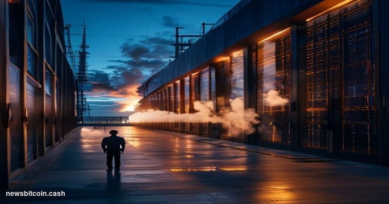 Cinematic photorealistic editorial photograph of Core Scientific's data center exterior at dusk, featuring rows of industrial
