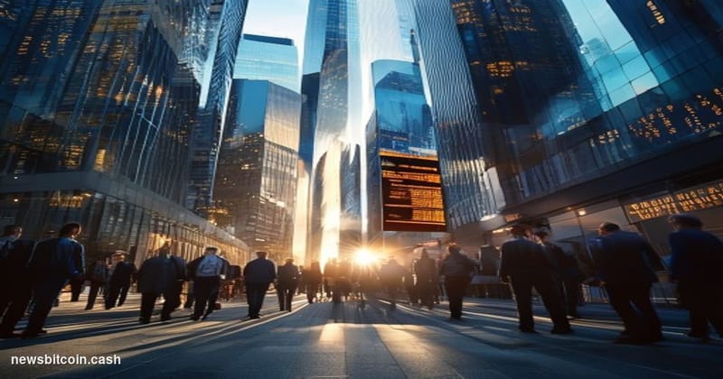 Cinematic photorealistic editorial photograph of a bustling American financial district street-level scene, shot from a low a