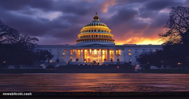 Cinematic photorealistic editorial photograph of the United States Capitol building in Washington D.C. at dusk, shot from a l