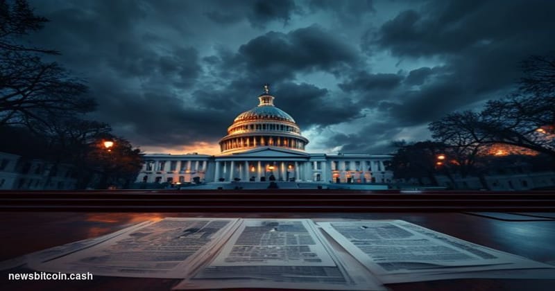 A cinematic photorealistic editorial photograph of the United States Capitol building at dusk, shot from a low angle looking 