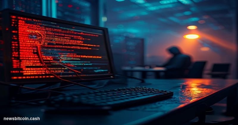 A cinematic photorealistic editorial photograph of a darkened server room bathed in cold blue light, with a single amber spot