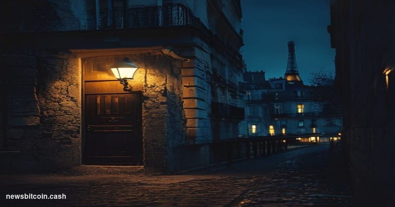 Cinematic photorealistic editorial photograph of a dark, shadowy Parisian residential street at night, with a classic Haussma