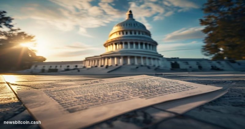 A cinematic photorealistic editorial photograph shot from a low angle looking up at the United States Capitol building dome i