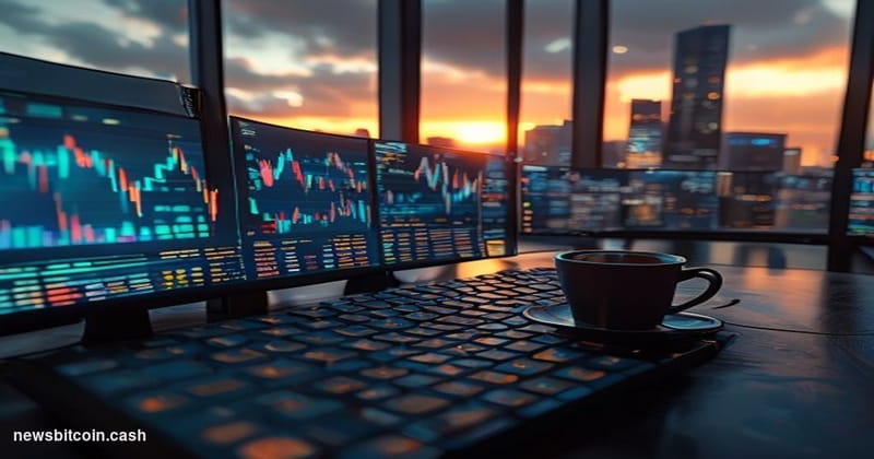 A cinematic photorealistic editorial photograph of a sleek, dimly lit cryptocurrency trading floor at dawn on July 24, with m