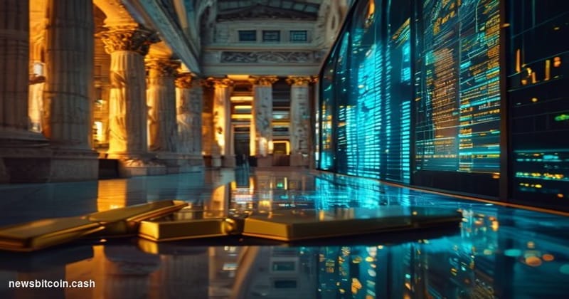 Cinematic photorealistic editorial photograph of a dramatic split-screen trading floor environment: on one side, the classic 