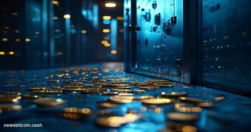 Cinematic photorealistic editorial photograph shot from a low angle looking up at a cracked digital vault door, its steel sur