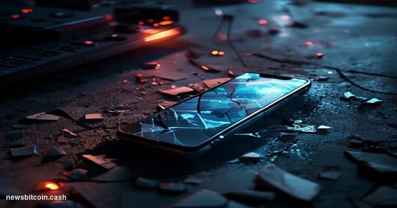 Cinematic photorealistic editorial photograph of a cracked and darkened smartphone screen displaying a generic crypto wallet 