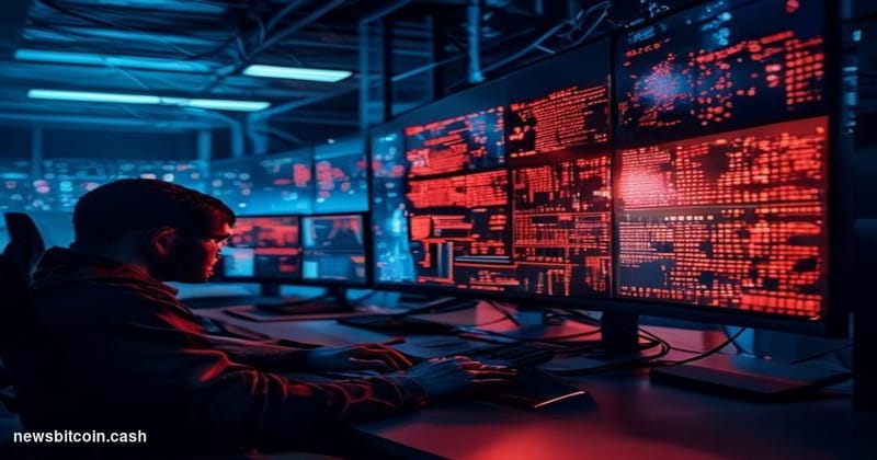 A cinematic photorealistic editorial photograph set inside a dimly lit network operations center, dramatic blue-and-amber eme