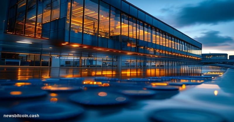 Cinematic photorealistic editorial photograph of a gleaming Chinese semiconductor fabrication facility exterior at dusk, shot