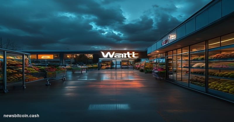 Cinematic photorealistic editorial photograph of a large Walmart Supercenter storefront at dusk, dramatic side-lighting casti
