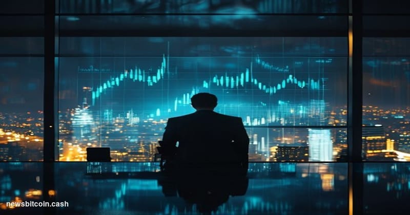 A cinematic photorealistic editorial photograph set in a dimly lit, modern financial briefing room with floor-to-ceiling glas