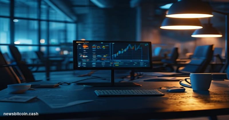 A cinematic photorealistic editorial photograph of a darkened cryptocurrency trading terminal screen showing flatlined charts