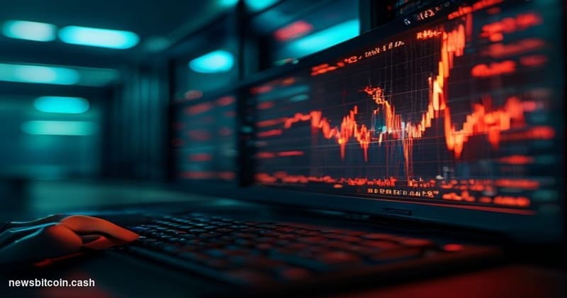 A cinematic photorealistic editorial photograph of a darkened cryptocurrency trading terminal screen mid-shutdown sequence, d