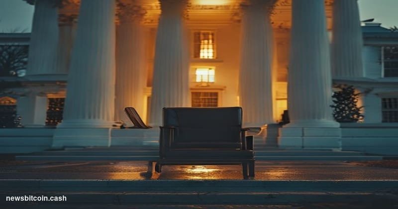 Cinematic photorealistic editorial photograph of the West Wing exterior of the White House at dusk, shot from a low angle wit