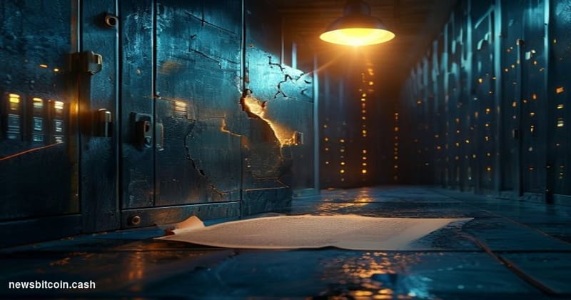 Cinematic photorealistic editorial photograph of a cracked digital vault door rendered in dark steel and copper tones, partia