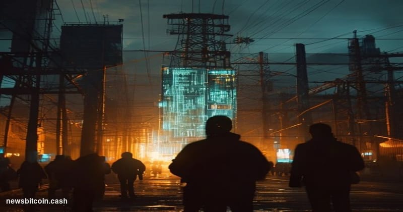 A cinematic photorealistic editorial photograph shot at golden hour from a low angle, looking up at a dense urban intersectio
