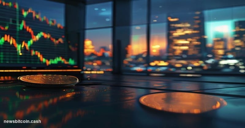 Cinematic photorealistic editorial photograph of a dimly lit trading floor environment at dusk, with large curved monitors di