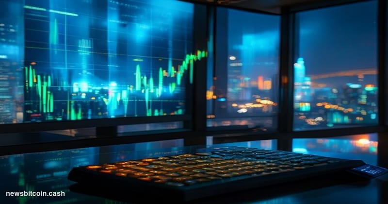 Cinematic photorealistic editorial photograph of a sleek trading floor environment at night, bathed in cool blue and amber li