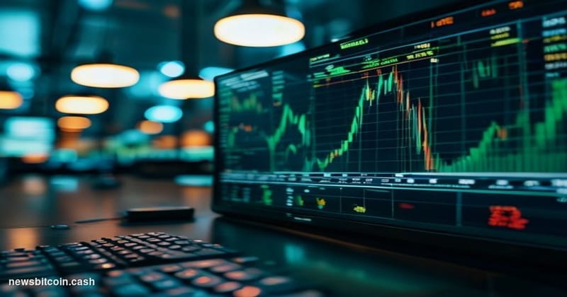 Cinematic photorealistic editorial photograph of a glowing cryptocurrency trading terminal in a darkened institutional tradin