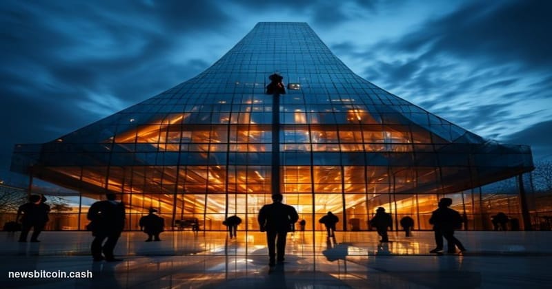 A cinematic photorealistic editorial photograph of a towering glass-and-steel bank headquarters at dusk, shot from a low angl