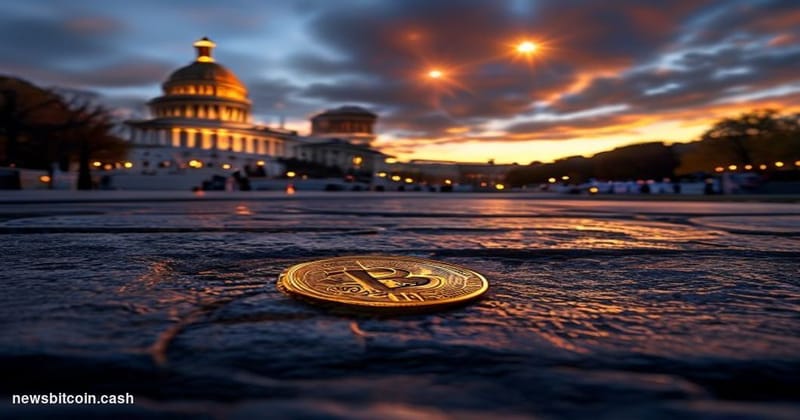 Cinematic photorealistic editorial photograph, dramatic low-angle shot at dusk on the National Mall in Washington D.C., with 