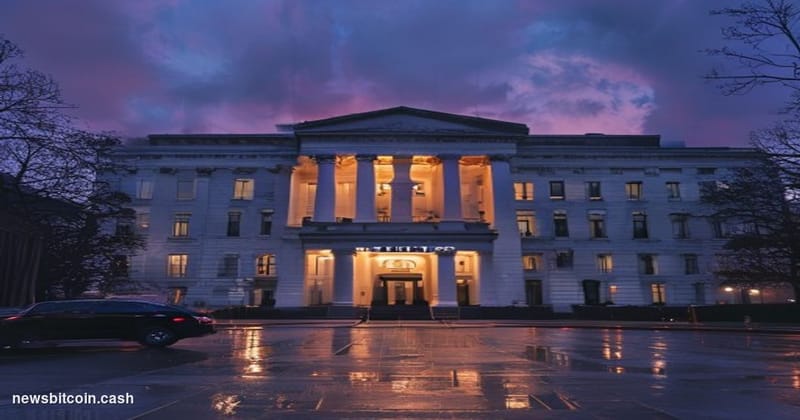 Cinematic photorealistic editorial photograph of the U.S. Department of Justice headquarters building in Washington D.C. — th