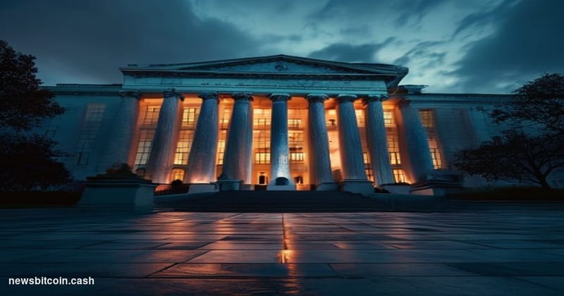 Cinematic photorealistic editorial photograph of the United States Department of Justice headquarters building in Washington 