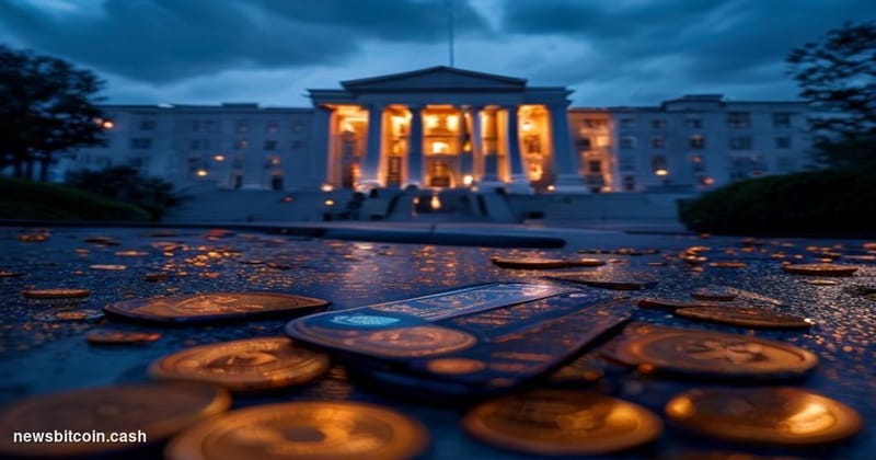 Cinematic photorealistic editorial photograph of the US Department of Justice headquarters building in Washington D.C. — the 