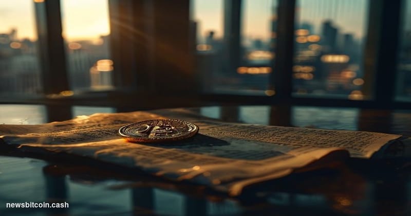 Cinematic photorealistic editorial photograph of a weathered physical Bitcoin coin resting on a dusty legal document or court