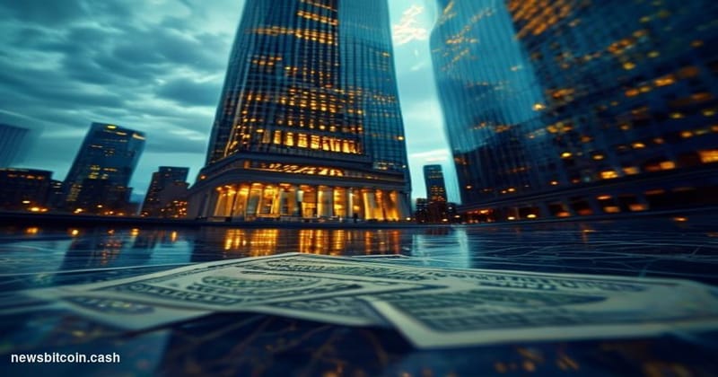 Cinematic photorealistic editorial photograph of the DTCC headquarters building in lower Manhattan, shot from a low angle loo