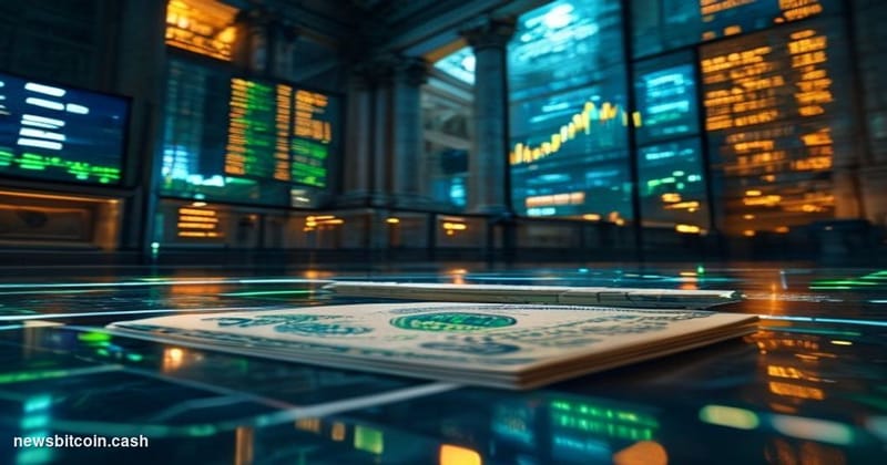 A cinematic photorealistic editorial photograph set inside a monumental financial institution's trading floor, evoking Wall S
