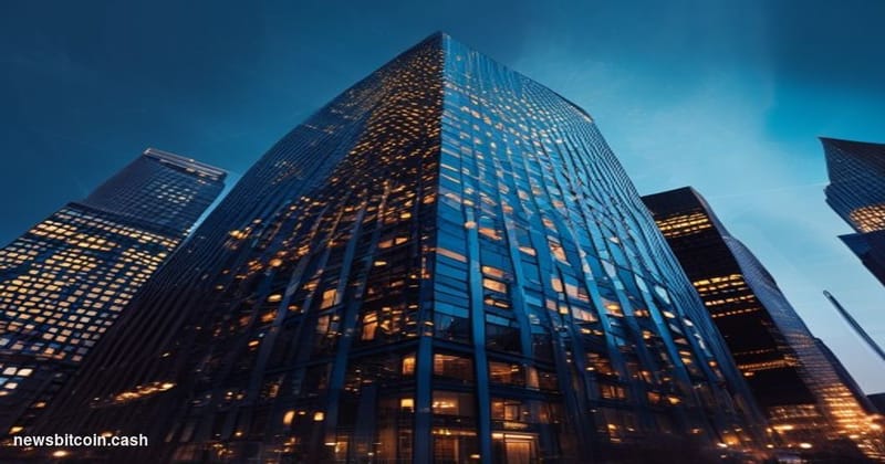Cinematic photorealistic editorial photograph of the DTCC headquarters building in lower Manhattan, New York City, shot from 
