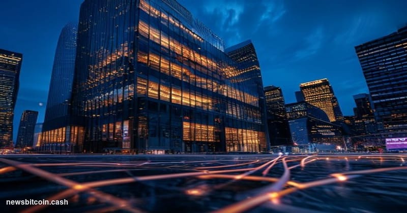 Cinematic photorealistic editorial photograph of the DTCC (Depository Trust & Clearing Corporation) headquarters building at 