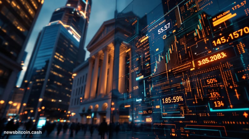 Cinematic photorealistic editorial photograph of Wall Street's financial district at dusk, with the New York Stock Exchange's