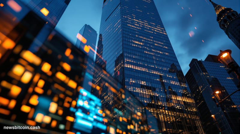 Cinematic photorealistic editorial photograph of the DTCC's headquarters building at 55 Water Street in lower Manhattan, New 