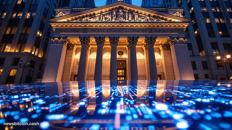 Cinematic photorealistic editorial photograph of Wall Street's financial district at dusk, shot from a low angle looking up a