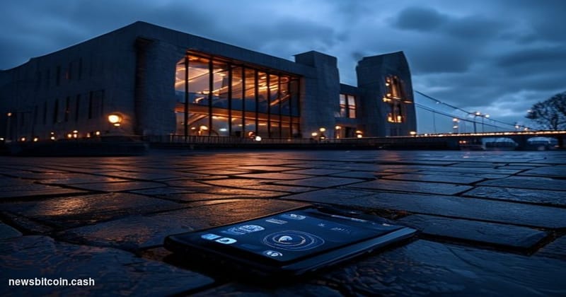 Cinematic photorealistic editorial photograph of the Rotterdam courthouse exterior at dusk, its modernist angular architectur