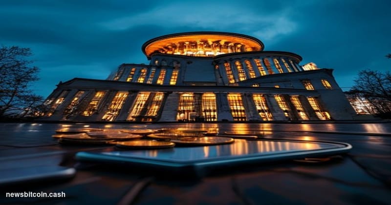 Cinematic photorealistic editorial photograph of the European Central Bank's distinctive twin-tower headquarters in Frankfurt