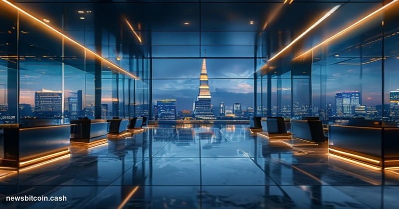 Cinematic photorealistic editorial photograph of a sleek institutional trading floor environment, shot from a low angle looki