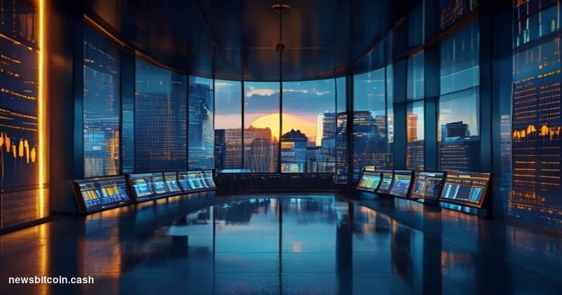 Cinematic photorealistic editorial photograph of a sleek financial trading floor interior, shot from a low angle looking up t