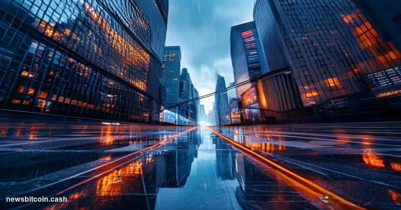 Cinematic photorealistic editorial photograph of a sleek, glass-and-steel financial district intersection split between Tokyo