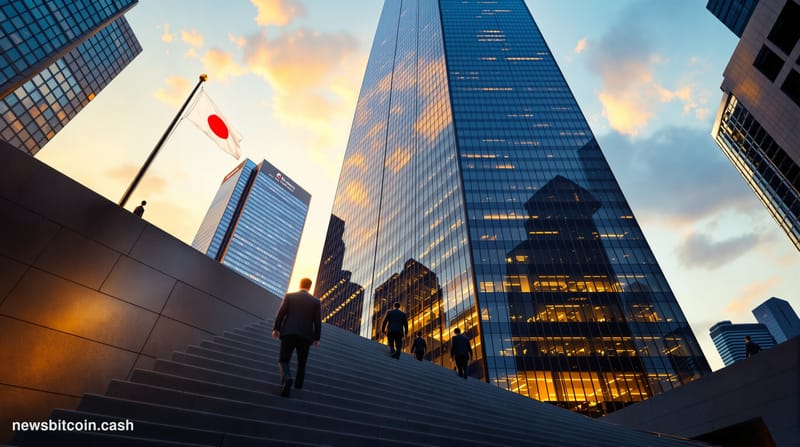Cinematic photorealistic editorial photograph of a sleek financial district tower in lower Manhattan at dusk, viewed from a l