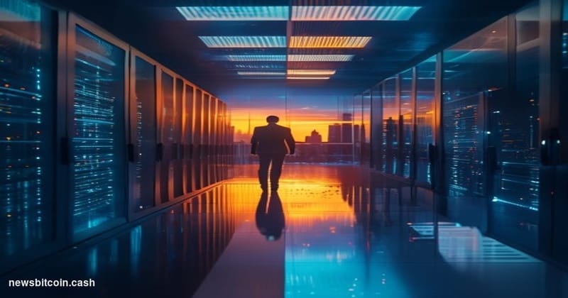 Cinematic photorealistic editorial photograph of a high-contrast split scene: on the left, a dimly lit server rack corridor r