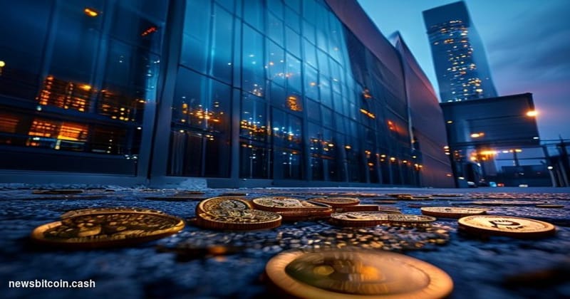 Cinematic photorealistic editorial photograph shot at a dramatic low angle looking up at a modern data center facility exteri