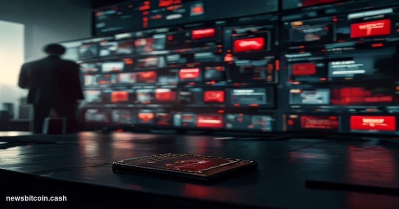 A cinematic photorealistic editorial photograph of a darkened digital operations center, shot from a low angle looking up at 