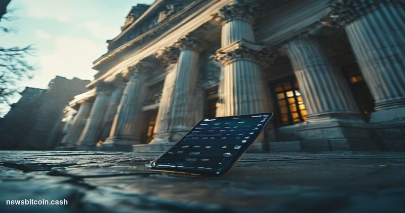 A cinematic photorealistic editorial photograph shot at ground level looking up at a grand European institutional building wi
