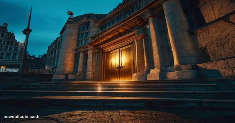 Cinematic photorealistic editorial photograph of a imposing European Union institutional building in Brussels at dusk, shot f