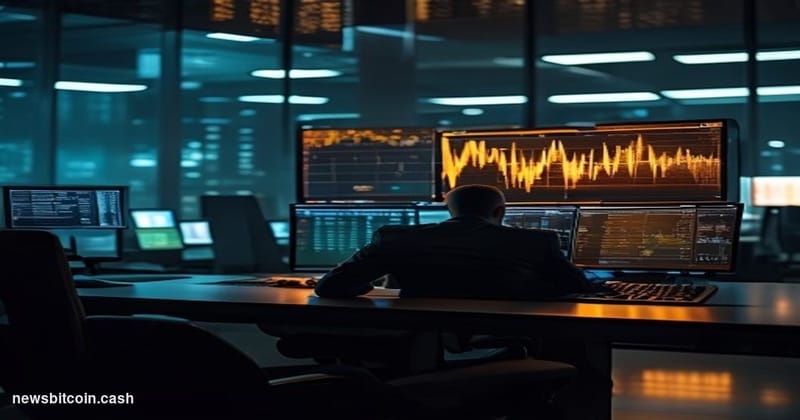 Cinematic photorealistic editorial photograph of a large digital trading terminal in a dimly lit institutional trading floor,